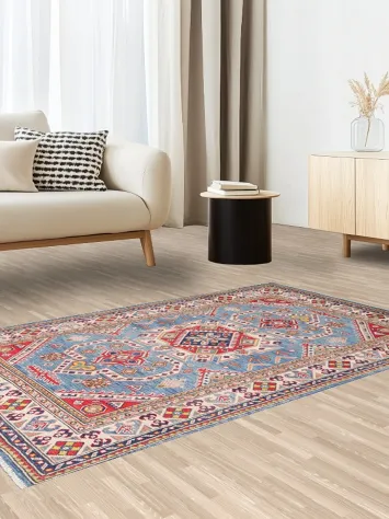 Vegetable Dye Geometric Kazak Oriental Area Rug 4x6