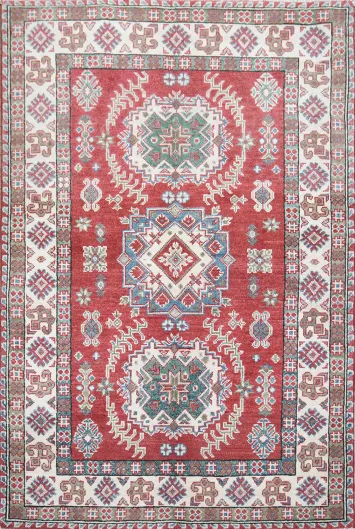 Traditional Kazak Wool Rug with Vintage Red Flair 3'x5'