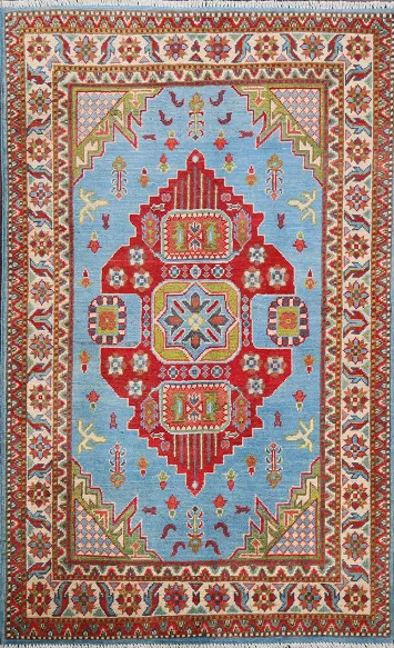 Geometric Blue Kazak Oriental Area Rug 3x5
