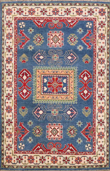 Geometric Blue Kazak Oriental Area Rug 4x6
