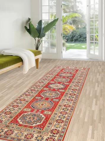 Geometric Red Kazak Oriental Runner Rug 3x10