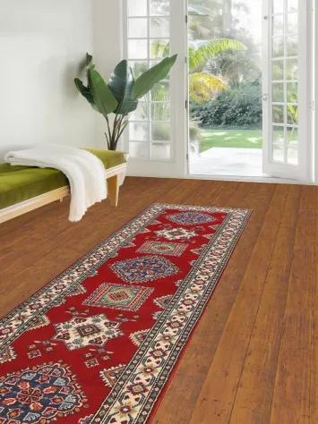 Geometric Red Kazak Oriental Runner Rug 3x10