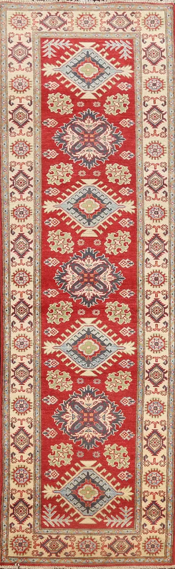 Geometric Red Kazak Oriental Runner Rug 3x10