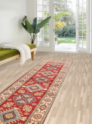 Geometric Red Kazak Oriental Runner Rug 3x10