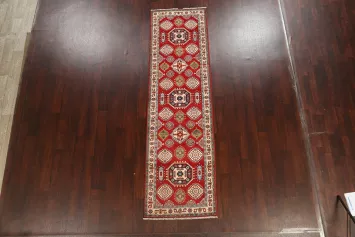 Geometric Red Kazak Oriental Runner Rug 3x10