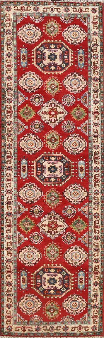 Geometric Red Kazak Oriental Runner Rug 3x10