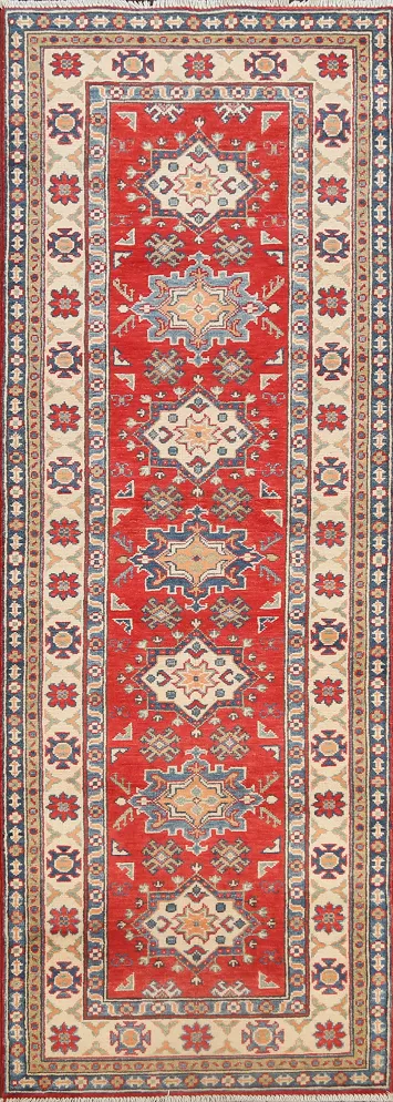 Geometric Red Kazak Oriental Runner Rug 3x8