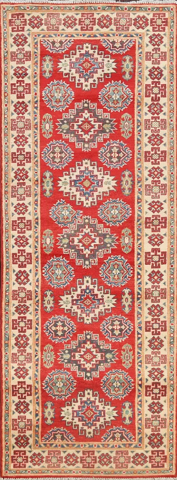 Geometric Red Kazak Oriental Runner Rug 3x8