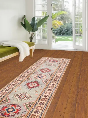 Geometric Kazak Oriental Runner Rug 3x10