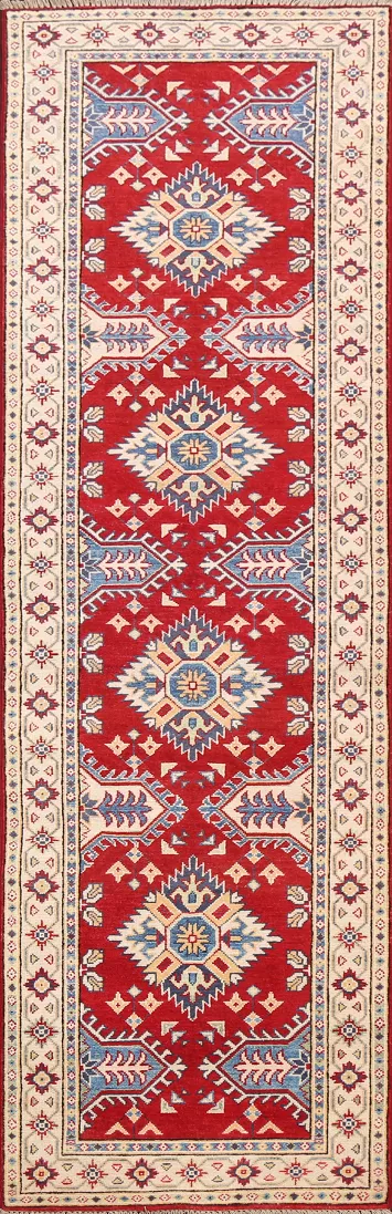 Geometric Red Kazak Oriental Runner Rug 3x9