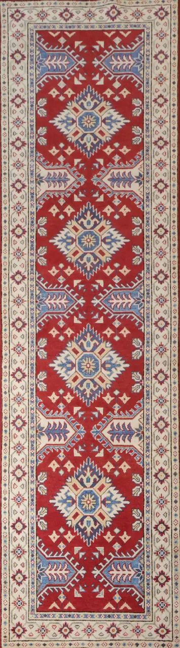 Elegant Red and Blue Kazak Runner with Traditional Geometric Patterns 9' 4'' X 2' 7''