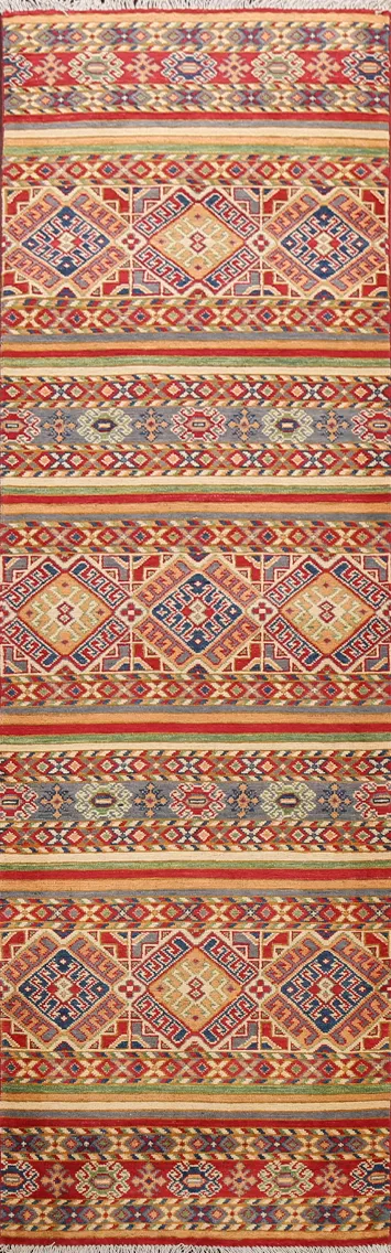 Geometric Kazak Oriental Runner Rug 3x10