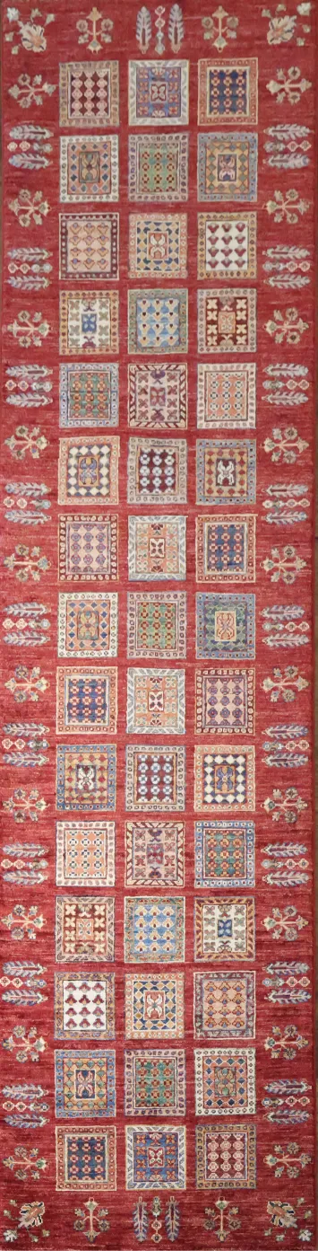 Elegant Kazak Red Runner Rug with Symmetrical Pattern Squares 3x10 ft