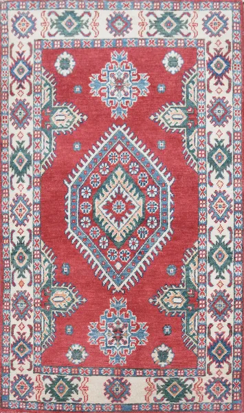 Geometric Hand-Knotted Red and Blue Kazak Foyer Rug 3x5 ft