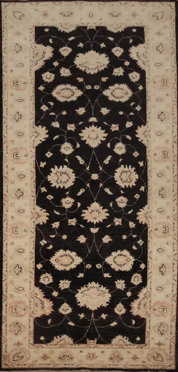 Handcrafted Black Runner Rug with Intricate Beige Floral Accents 4x10