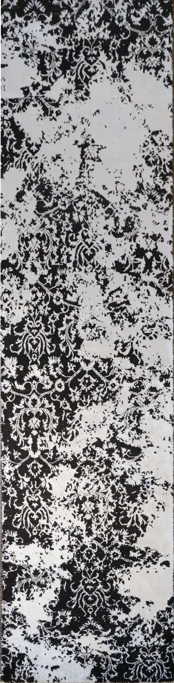 Contemporary Black and Grey Wool and Silk Runner with Modern Abstract Design 3x10 ft