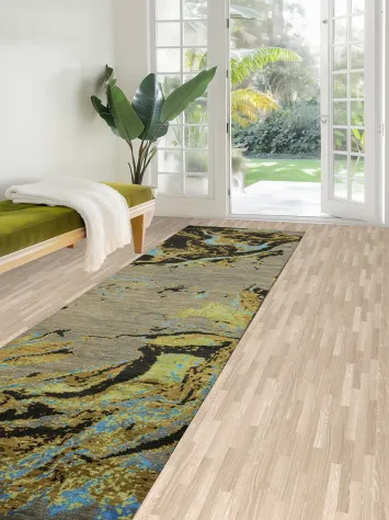Artistic Vegetable Dye Abstract Grey and Green Runner Rug 3x12 ft