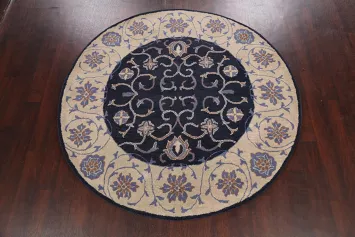 Chic Blue and Cream Floral Round Rug for Modern Home Decor 6x6 ft