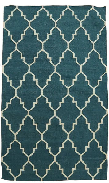 Bold Teal Blue Kilim Trellis Rug with White Pattern Accents 5x8
