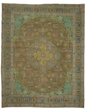 Vintage Teal and Brown Persian Tabriz Large Rug 10x13 ft
