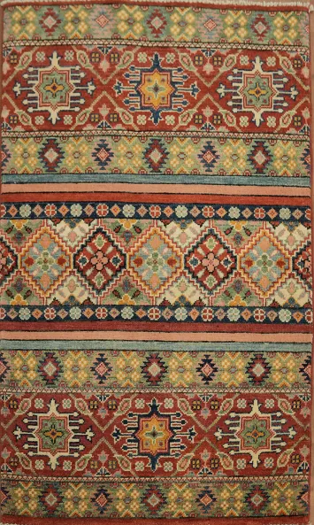 Exquisite artisan Kazak rug with classic tribal aesthetic elements 3x4