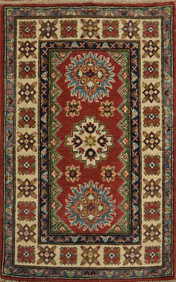 Geometric Red and Green Kazak Wool Rug 3x4