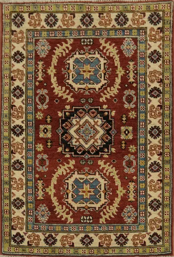 Vibrant Red and Blue Kazak Rug with Bold Geometric Patterns 3x4