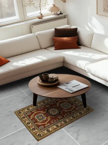 Vibrant Red and Blue Kazak Rug with Bold Geometric Patterns 3x4