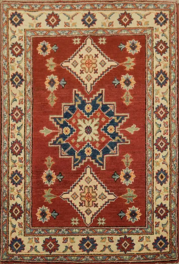 Traditional Red and Blue Geometric Star Medallion Kazak Rug 3x4