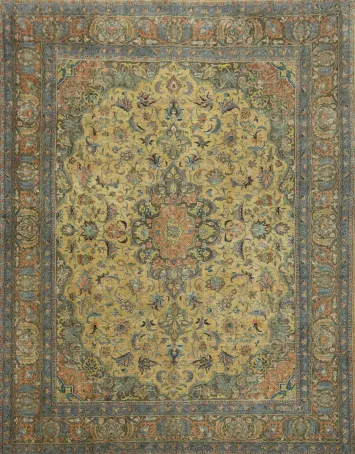 Large 10x12 Distressed Persian Rug - Traditional Floral Kashan - Yellow & Gold
