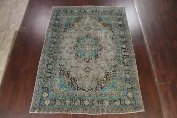 Distressed Floral Mashad Persian Area Rug 8x11