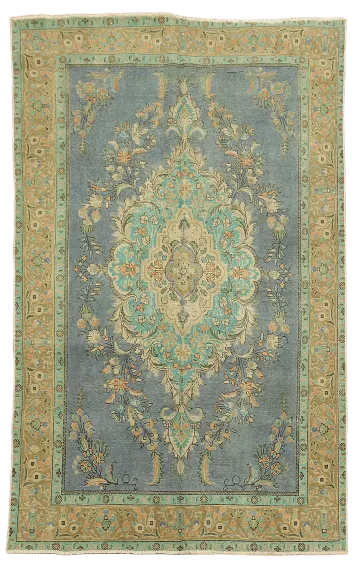 Vintage Distressed Blue and Green Floral Persian Area Rug 6'x10'