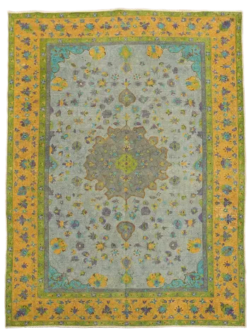 Vintage Distressed Grey and Yellow Kashan Persian Area Rug 10x13