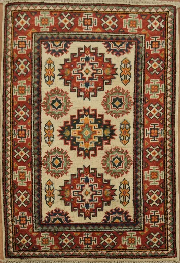 Traditional Geometric Pattern Kazak Rug with Vibrant Earth Tones 2x3