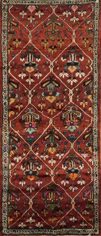 Vintage Tribal Pattern Bakhtiari Persian Runner Rug with Rich Earthy Tones and Geometric Motifs 4x9
