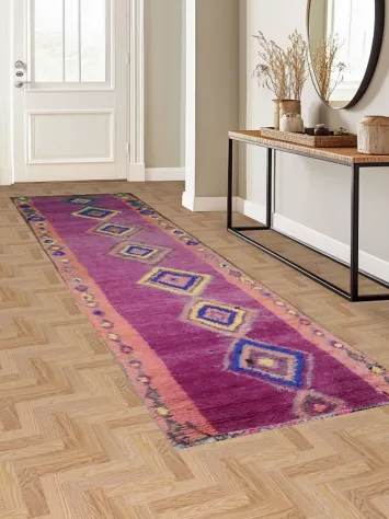 Bohemian Moroccan Purple Runner Rug with Pastel Borders 4x13
