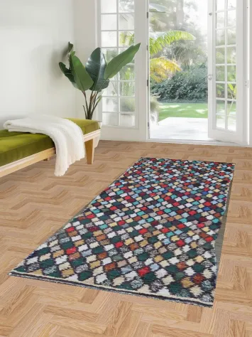 Vibrant Multicolor Diamond Pattern Vintage Moroccan Wool Rug 3x8