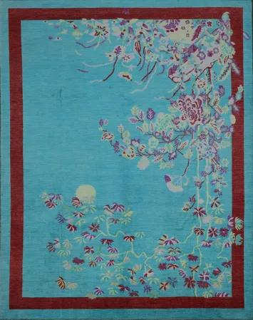 Vegetable Dye Turquoise Blue Art Deco Rug with Red Floral Accent 9x12