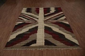 Stylish Blend Moroccan Wool Area Rug 8x11 with Shapes and Warm Hues