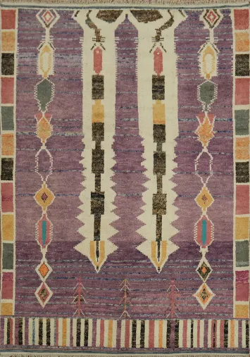 Vibrant Tribal Design Moroccan Rug with Intricate Purple Patterns 9x13