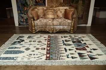 Southwestern Vibes White Moroccan with Colorful Geometric Pattern Wool Rug 6x9