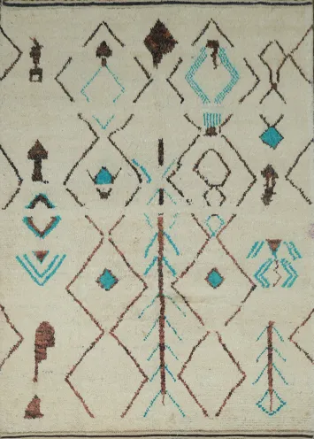 Moroccan Ivory and Turquoise Wool Rug with Bold Geometric Motifs 6x10