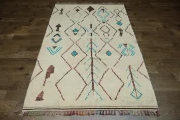 Moroccan Ivory and Turquoise Wool Rug with Bold Geometric Motifs 6x10