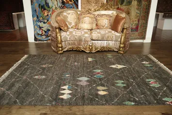 Modern Bohemian Charcoal Rug with Abstract Geometric Designs 6x10 ft