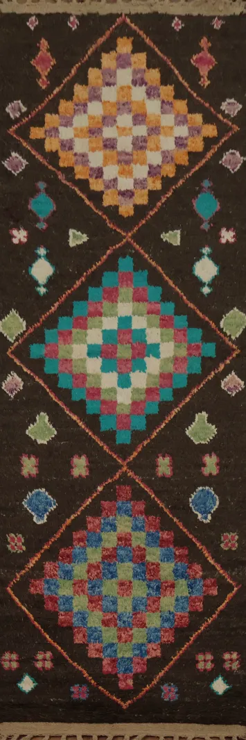 Dynamic Moroccan Wool Runner Rug 3x13 with Geometric Elegance