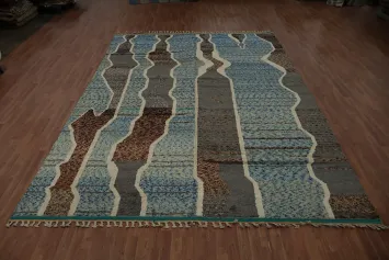 Abstract Moroccan Large Rug 10x15 with Blue Waves Design