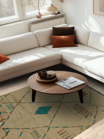 Beige Geometric Moroccan Area Rug 5x9 with Colorful Highlights