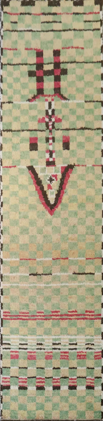 Moroccan Green and Red Runner Rug for Contemporary Spaces 3x12 ft