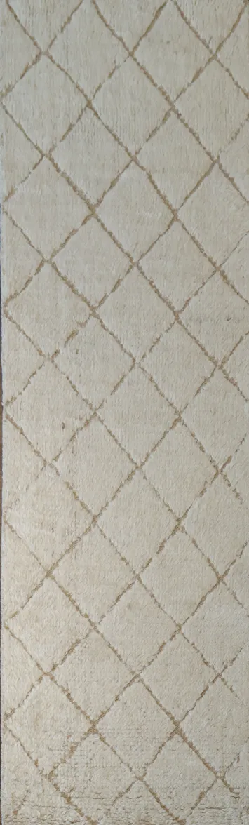 Stylish Textured Moroccan Runner in Cream with Geometric Accents 3x9 ft