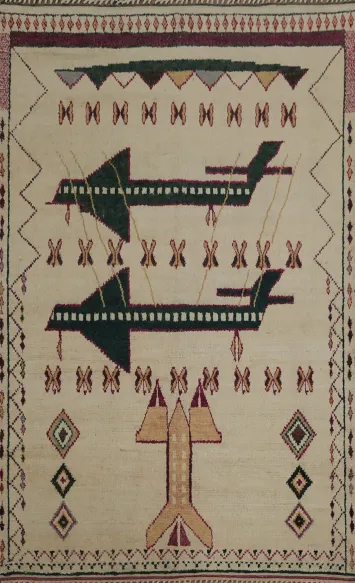 Artistic Depiction of Aviation in a Handcrafted Moroccan Area Rug 9x13
